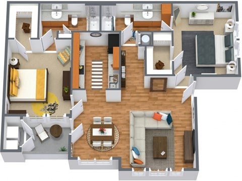 Floor plan for 2 beds, 2 baths, 960 sqft